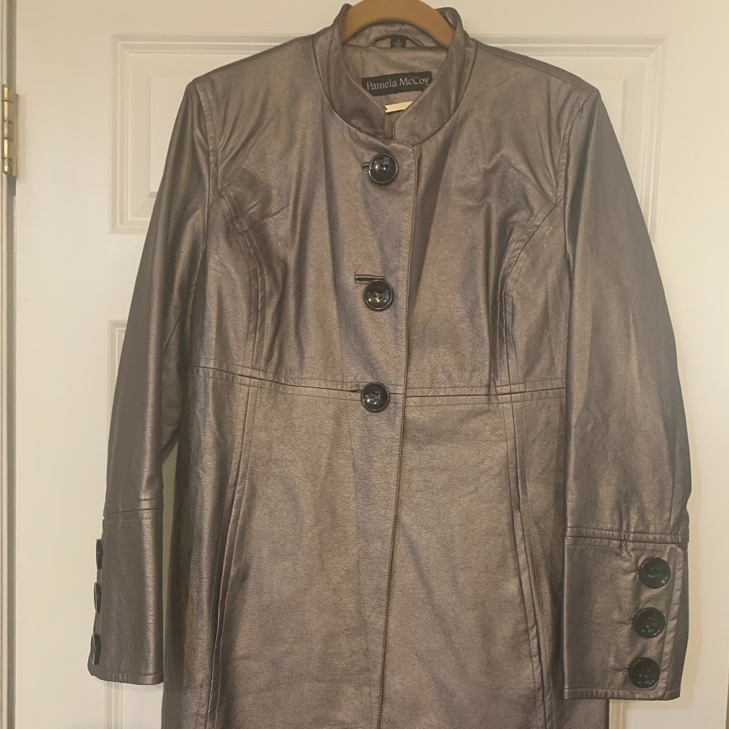 Pamela Mccoy Faux Leather Car Length Coat - Metallic